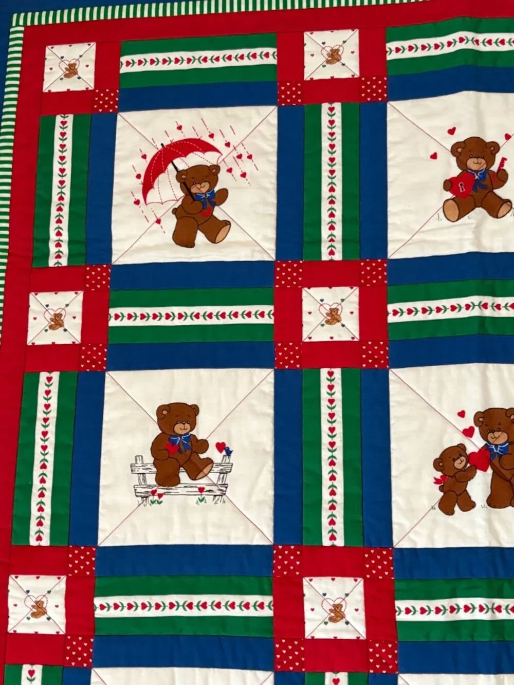 Handmade Quilted Throw Teddy Bear Heart Valentine Squares Cornerstones Nursery